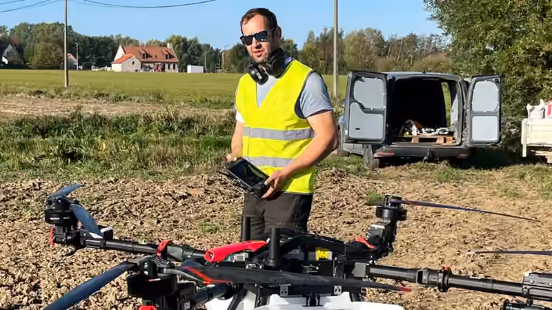 Pieter Gistelinck met zijn XAG P150 Max en afstandsbediening op het veld
