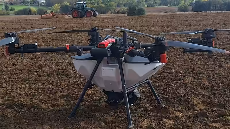 XAG P150 Max met strooimodule op een geploegd perceel in Zwalm, met een tractor op de achtergrond